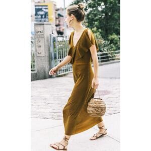 ZARA *BLOGGER FAV* Metallic Bronze Stripe Midi Dress Flutter Sleeve LARGE